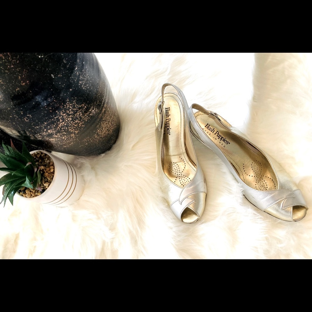 Vintage Hush Puppies Gold and Silver Sling Backs